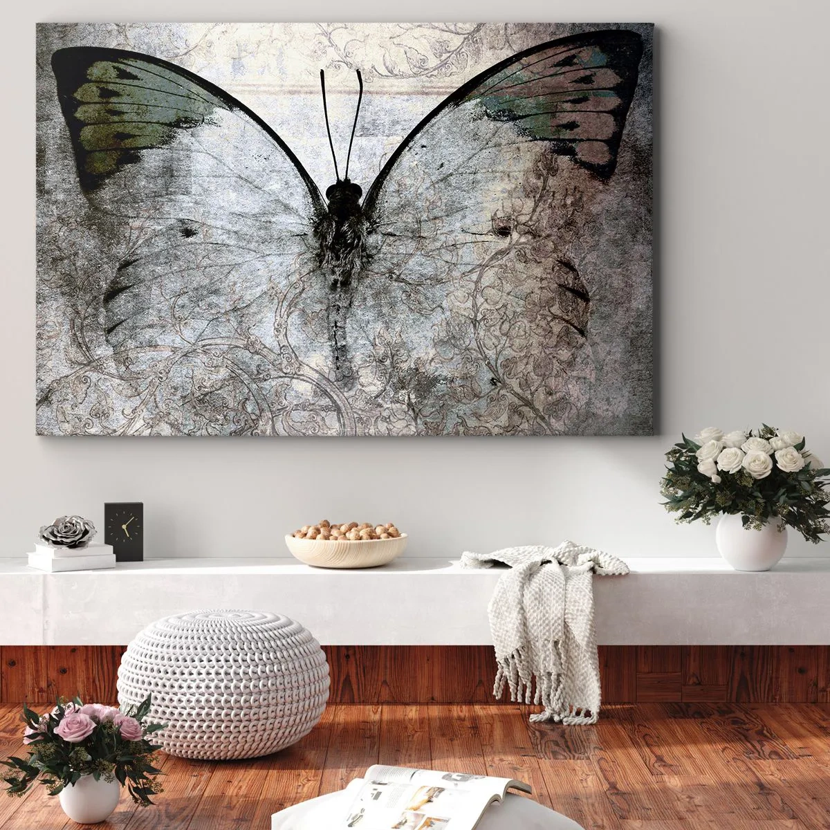 Obraz na plátně - Motýl v odstínech zelené a šedé na dekorativním pozadí - 70x50cm - V secesním stylu - Moderní nástěnná dekorace do obývacího pokoje a ložnice ARTTOR