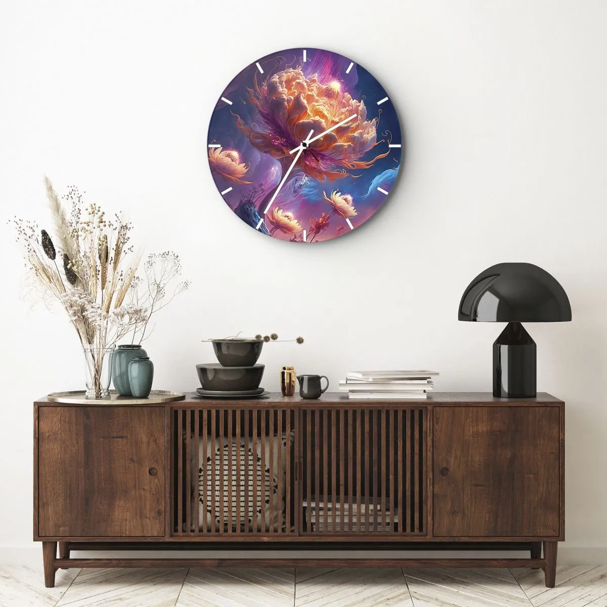 Nástěnné hodiny - Fantastická květina osvětlená v kosmické krajině - 30x30cm - Jiný svět - Moderní nástěnná dekorace do obývacího pokoje, kuchyně a ložnice ARTTOR
