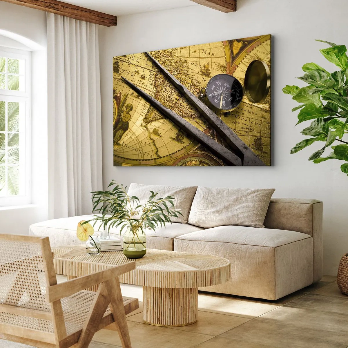 Obraz na plátně - Starožitná mapa světa s kompasem a kružítkem na pozadí - 70x50cm - Kde jsou ty poklady? - Moderní nástěnná dekorace do obývacího pokoje a ložnice ARTTOR