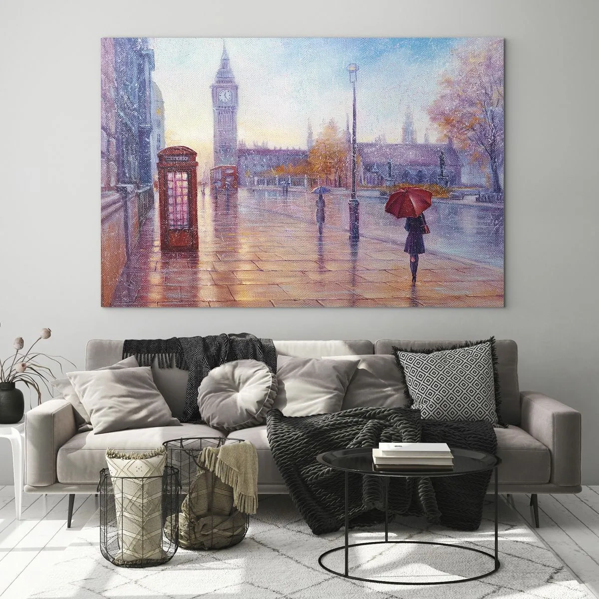 Obraz na skle - Londýnská scéna v dešti s Big Benem a červenou krabicí - 70x50cm - Londýnský podzimní den - Moderní nástěnná dekorace do obývacího pokoje a ložnice ARTTOR
