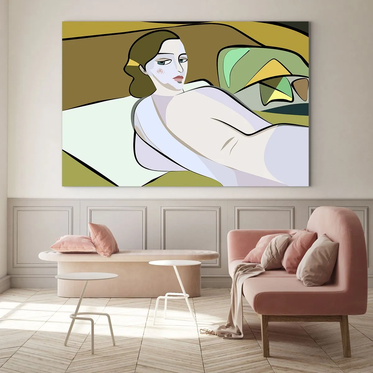 Obraz na skle - Ženská silueta v abstraktním stylu s geometrickým pozadím - 70x50cm - Intimní portrét - Moderní nástěnná dekorace do obývacího pokoje a ložnice ARTTOR
