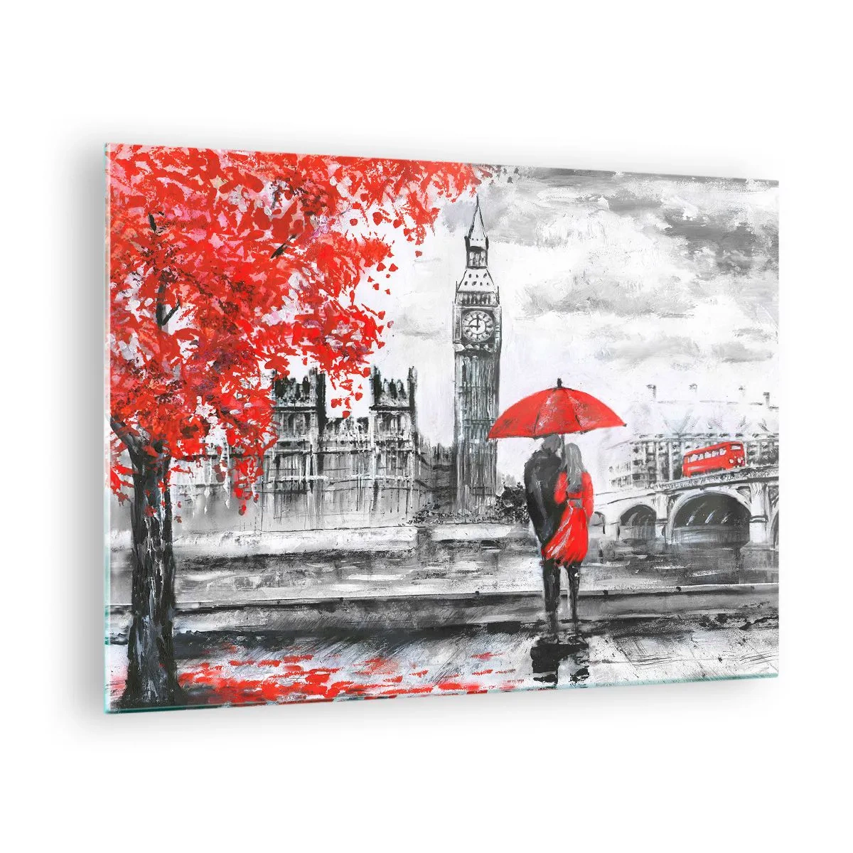Obraz na skle - Pár pod červeným deštníkem s Big Benem a podzimními stromy v pozadí. - 70x50cm - Zamilování do Londýna - Moderní nástěnná dekorace do obývacího pokoje a ložnice ARTTOR