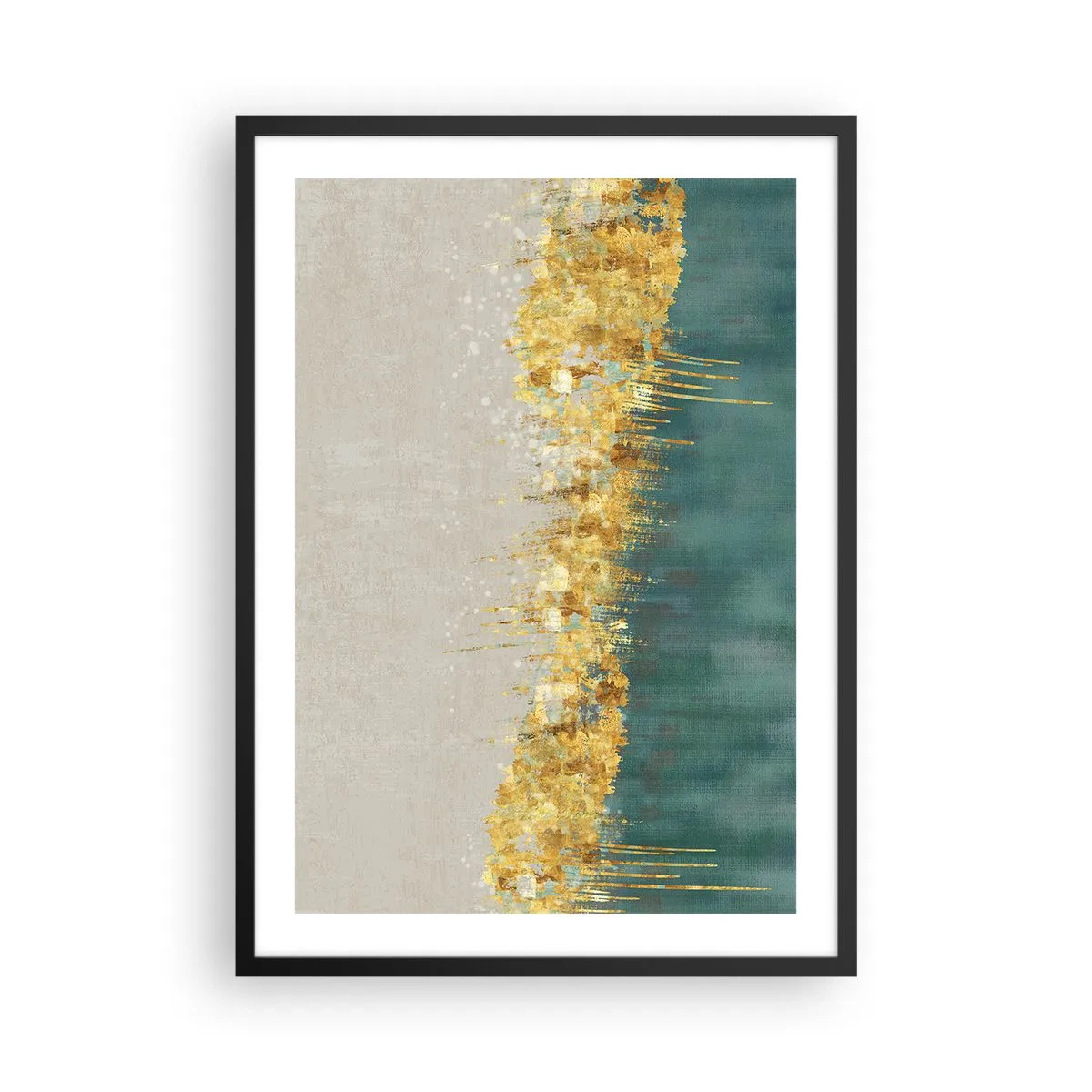 Plakát v černém rámu - Abstraktní kompozice zlaté, béžové a zelené - 50x70cm - Zlatá hranice - Moderní nástěnná dekorace do obývacího pokoje a ložnice ARTTOR