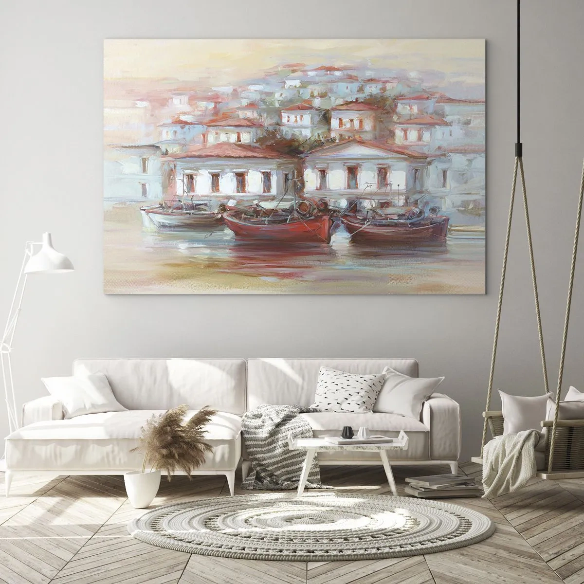 Obraz na skle - Malebné městečko s loděmi v přístavu při západu slunce - 70x50cm - Šťastné městečko - Moderní nástěnná dekorace do obývacího pokoje a ložnice ARTTOR