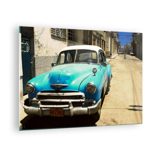 Obraz na skle - Veterán modré auto na ulici na slunci - 70x50cm - Evviva Cuba! - Moderní nástěnná dekorace do obývacího pokoje a ložnice ARTTOR