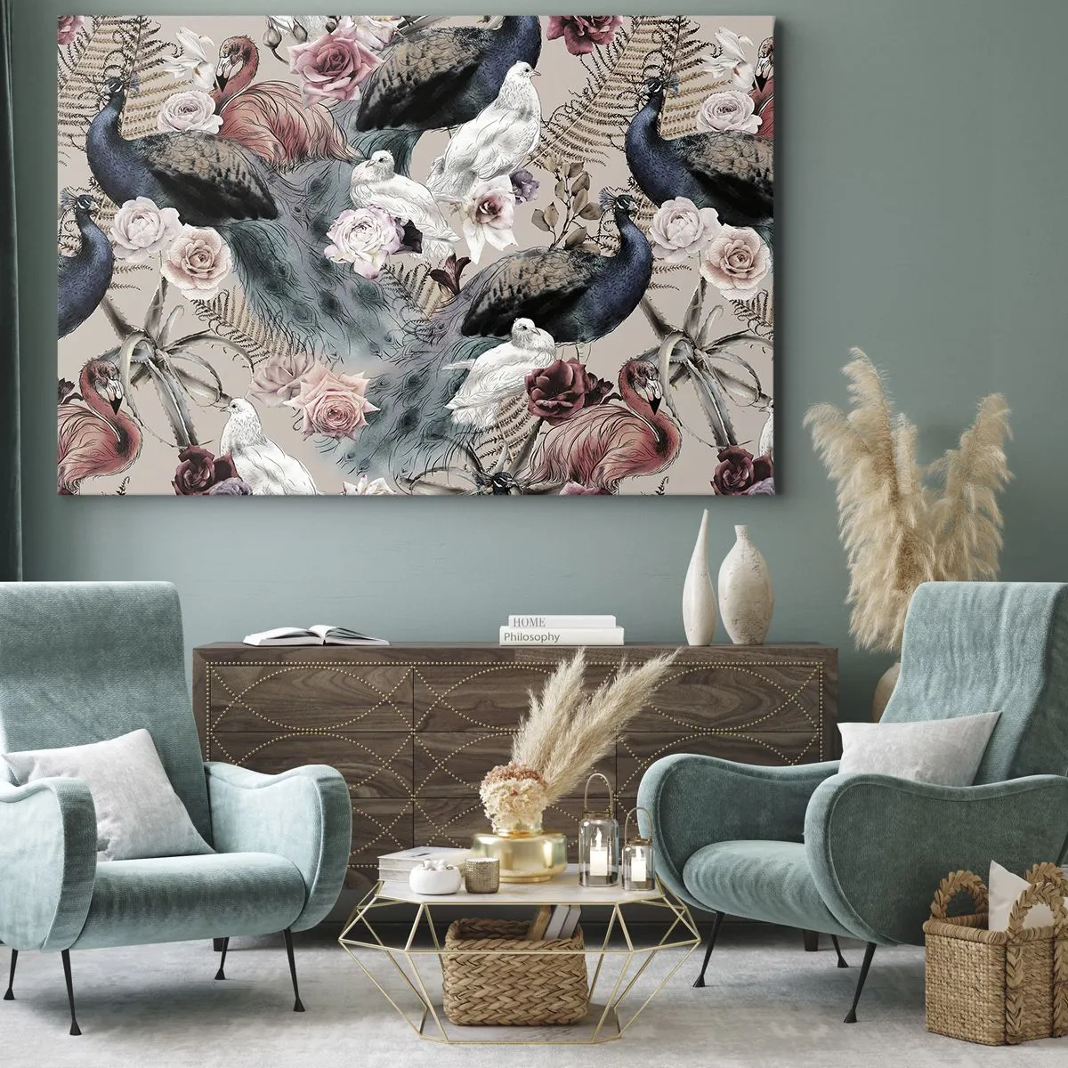 Obraz na plátně - Krajina s pavími pery, růžemi a ptáky v romantickém stylu. - 70x50cm - V palácové zahradě - Moderní nástěnná dekorace do obývacího pokoje a ložnice ARTTOR