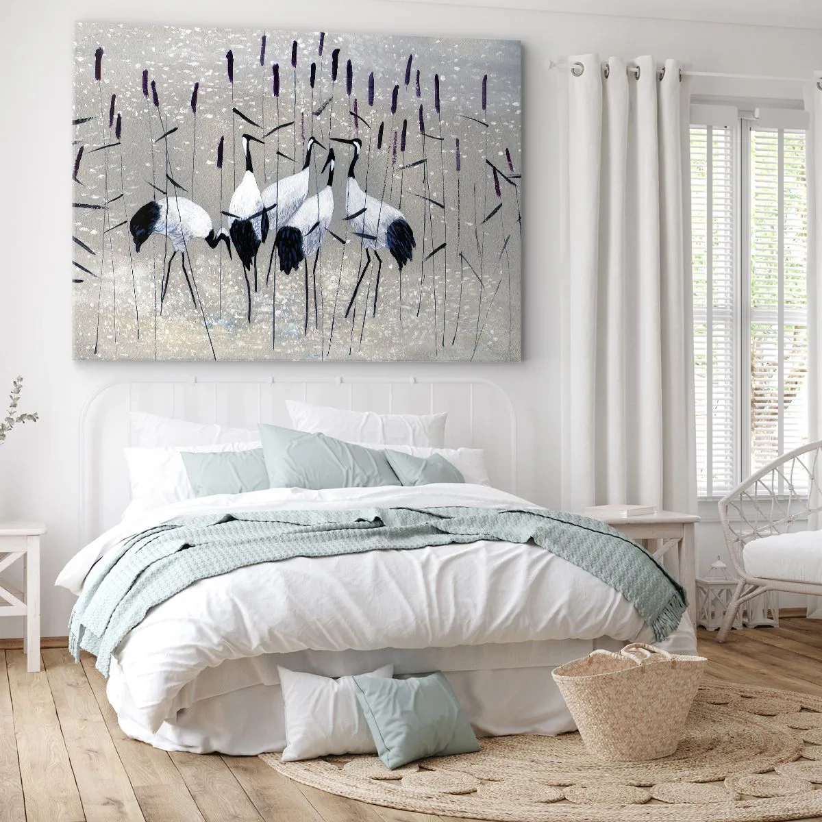 Obraz na plátně - Volavky v trávě na klidném pozadí - 70x50cm - Mezi svými - Moderní nástěnná dekorace do obývacího pokoje a ložnice ARTTOR