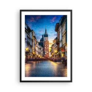 Plakát v černém rámu - Večerní pohled na ulici Grodzka a kostel Panny Marie v Krakově - 50x70cm - Krakovský půvab - Moderní nástěnná dekorace do obývacího pokoje a ložnice ARTTOR