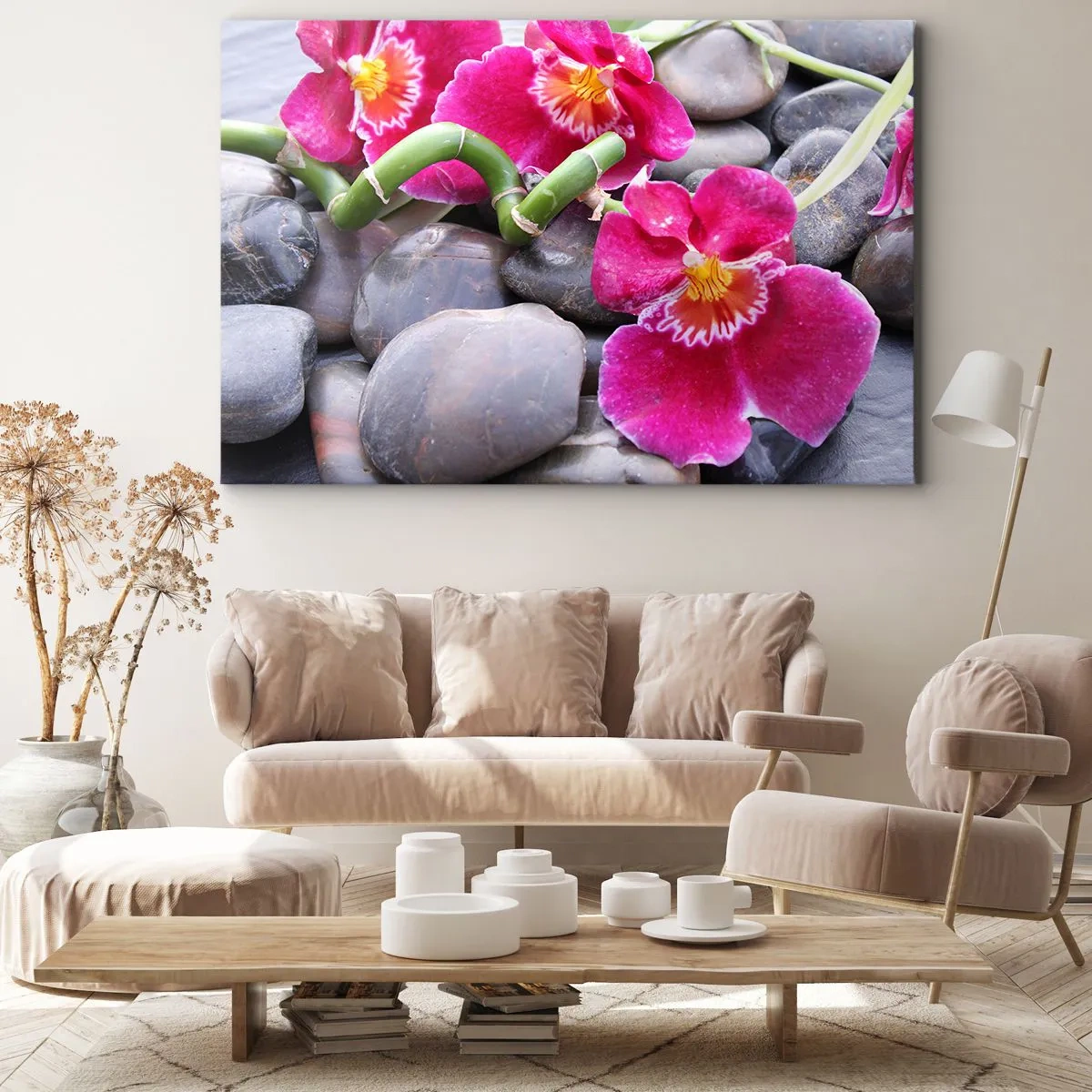 Obraz na plátně - Růžové orchideje na pozadí hladkých kamenů - 70x50cm - Chlad a žár - Moderní nástěnná dekorace do obývacího pokoje a ložnice ARTTOR
