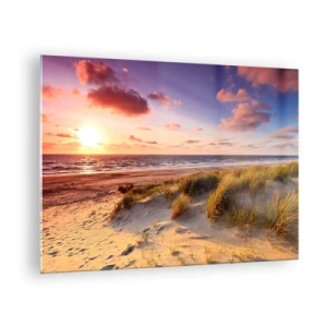 Obraz na skle - Pláž s dunami při západu slunce - 70x50cm - Už v létě voní vzduch - Moderní nástěnná dekorace do obývacího pokoje a ložnice ARTTOR