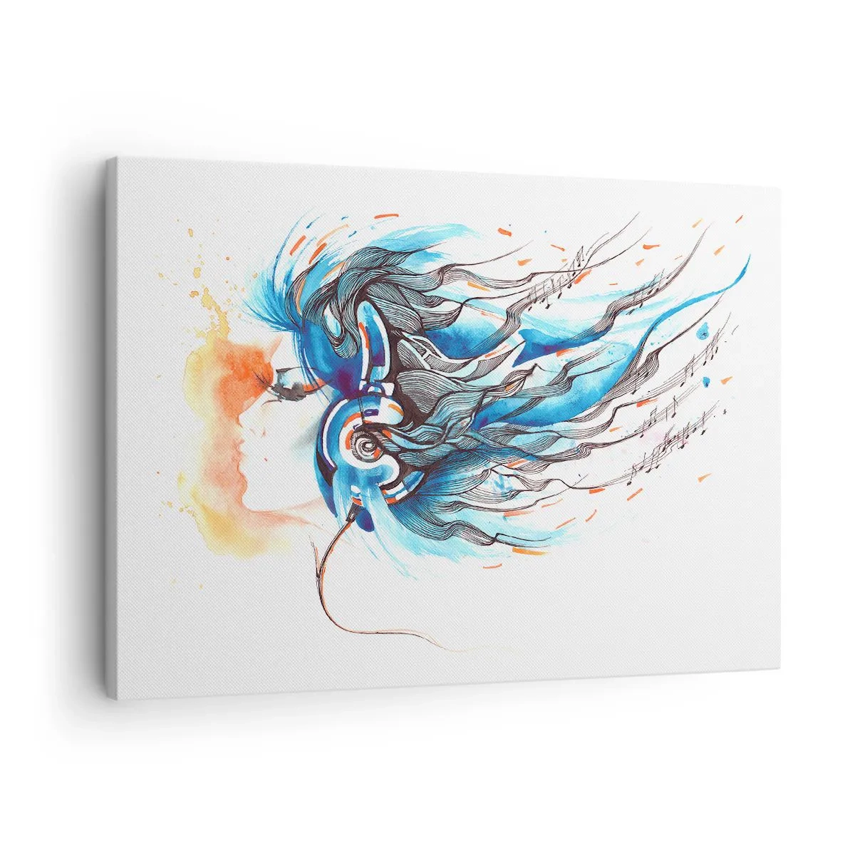 Obraz na plátně - Umělecká grafika ženy se sluchátky s hudebními akcenty - 70x50cm - Ať hraje hudba - Moderní nástěnná dekorace do obývacího pokoje a ložnice ARTTOR