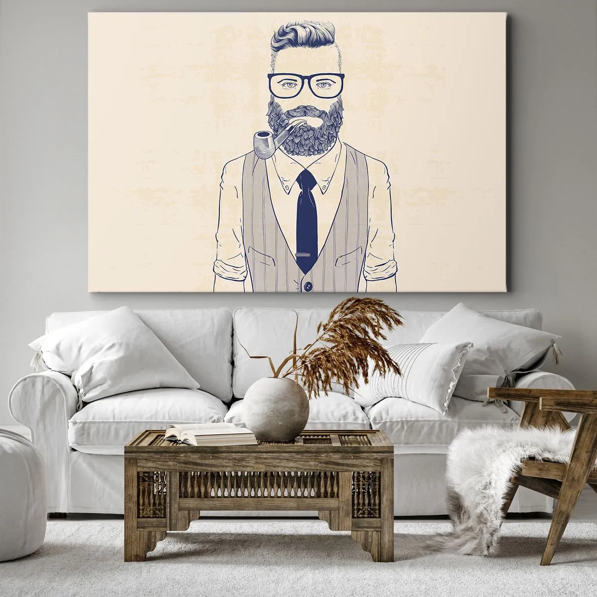 Obraz na plátně - Stylizovaný muž s vousy, dýmkou a brýlemi - 70x50cm - Pohodový, mužský a módní - Moderní nástěnná dekorace do obývacího pokoje a ložnice ARTTOR