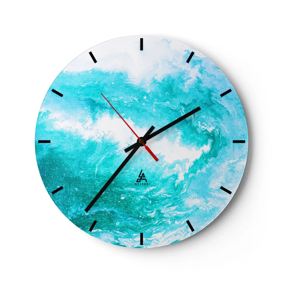 Nástěnné hodiny - Abstraktní vlna v odstínech modré a tyrkysové - 30x30cm - V jádru živlu - Moderní nástěnná dekorace do obývacího pokoje, kuchyně a ložnice ARTTOR
