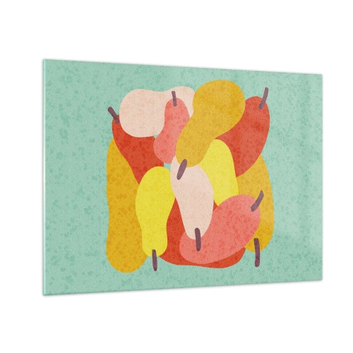 Obraz na skle - Barevné hrušky v grafickém stylu na tyrkysovém pozadí - 70x50cm - Ochutnejte letní slunce - Moderní nástěnná dekorace do obývacího pokoje a ložnice ARTTOR