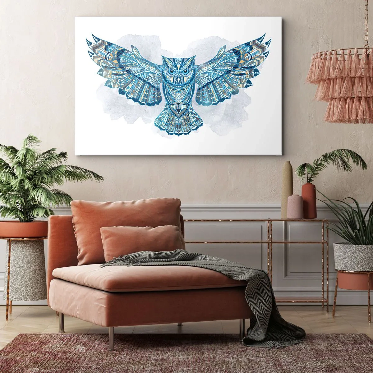 Obraz na plátně - Dekorativní sova v odstínech modré - 70x50cm - Z keltského posvátného háje - Moderní nástěnná dekorace do obývacího pokoje a ložnice ARTTOR