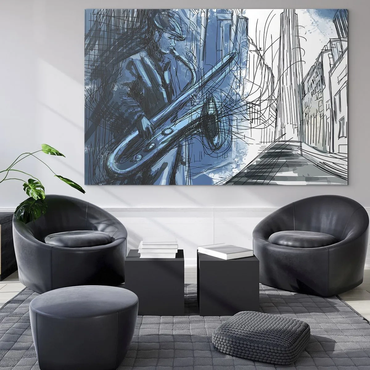 Obraz na skle - Jazzový saxofonista v modrém městském prostředí - 70x50cm - Městská rapsodie - Moderní nástěnná dekorace do obývacího pokoje a ložnice ARTTOR