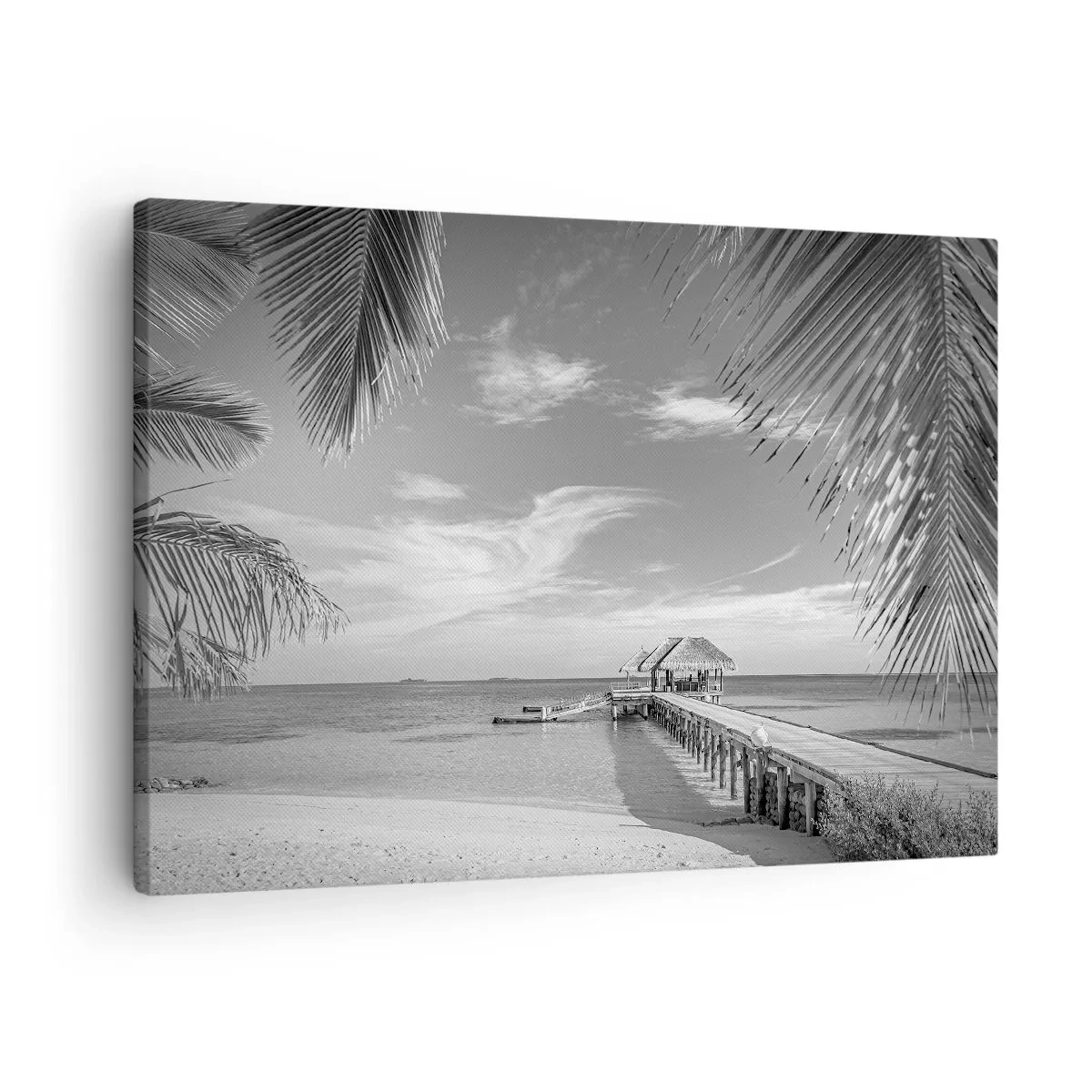 Obraz na plátně - Černobílá pláž s molem a palmami na tropickém pobřeží - 70x50cm - Vzpomínka nebo sen? - Moderní nástěnná dekorace do obývacího pokoje a ložnice ARTTOR