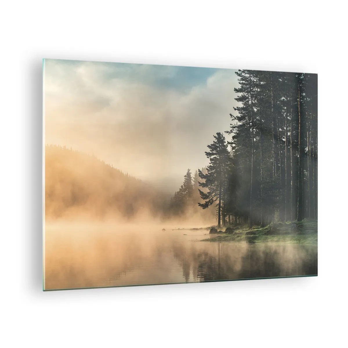 Obraz na skle - Mlžné ráno nad lesním jezerem - 70x50cm - Zrození dne - Moderní nástěnná dekorace do obývacího pokoje a ložnice ARTTOR