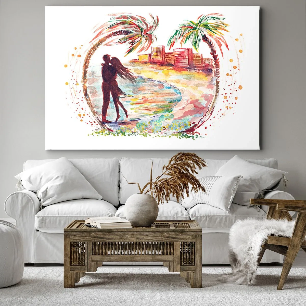 Obraz na plátně - Romantický pár scéna na pláži s palmami v akvarelu - 70x50cm - Romantické prázdniny - Moderní nástěnná dekorace do obývacího pokoje a ložnice ARTTOR