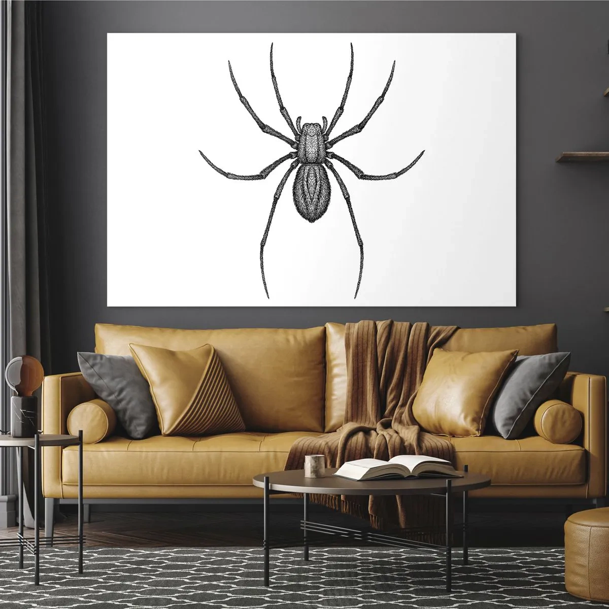 Obraz na skle - Retro styl ilustrace černého pavouka na bílém pozadí - 70x50cm - Znepokojivá přesnost - Moderní nástěnná dekorace do obývacího pokoje a ložnice ARTTOR