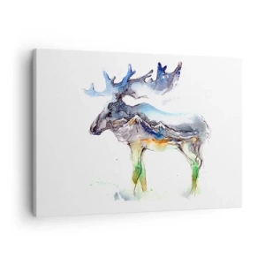 Obraz na plátně - Akvarelová silueta losa s horskou krajinou - 70x50cm - Hrdina zimního příběhu - Moderní nástěnná dekorace do obývacího pokoje a ložnice ARTTOR