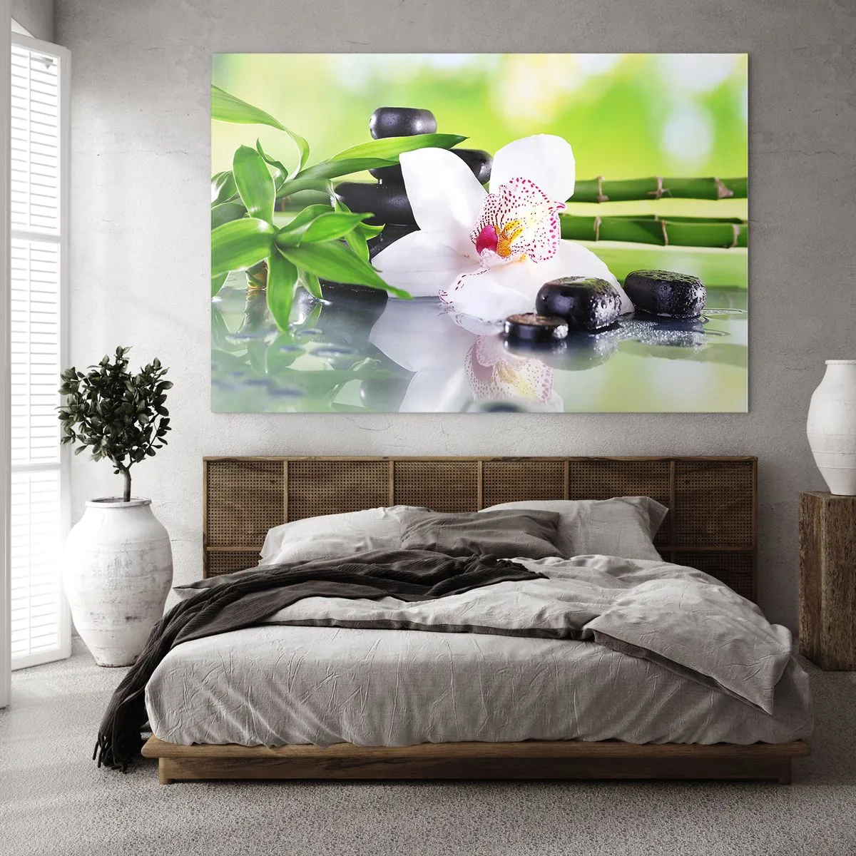 Obraz na skle - Orchidej, bambus a černé kameny na zeleném pozadí - 70x50cm - Chladná svěžest - Moderní nástěnná dekorace do obývacího pokoje a ložnice ARTTOR