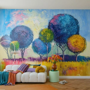 Fototapeta Standard Eco - Barevné abstraktní stromy proti jasné obloze - 100x70cm - Koule - tvar ideálu - Moderní nástěnná dekorace do obývacího pokoje a ložnice ARTTOR