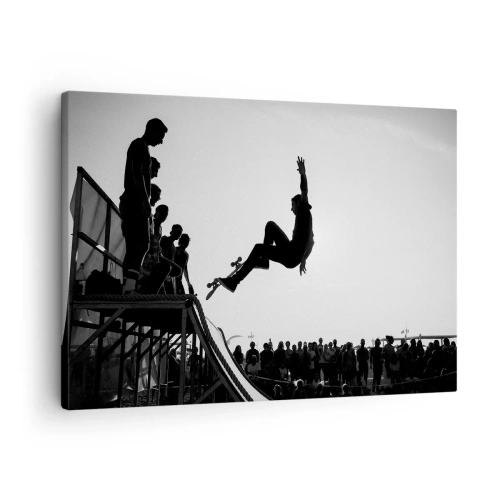 Obraz na plátně - Černobílá scéna skateboardingu na rampě - 70x50cm - Hrdinové a diváci - Moderní nástěnná dekorace do obývacího pokoje a ložnice ARTTOR