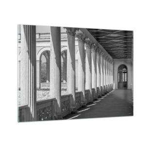 Obraz na skle - Černobílá kolonáda s rytmickou hrou světla a stínu - 70x50cm - Slunná arkáda - Moderní nástěnná dekorace do obývacího pokoje a ložnice ARTTOR
