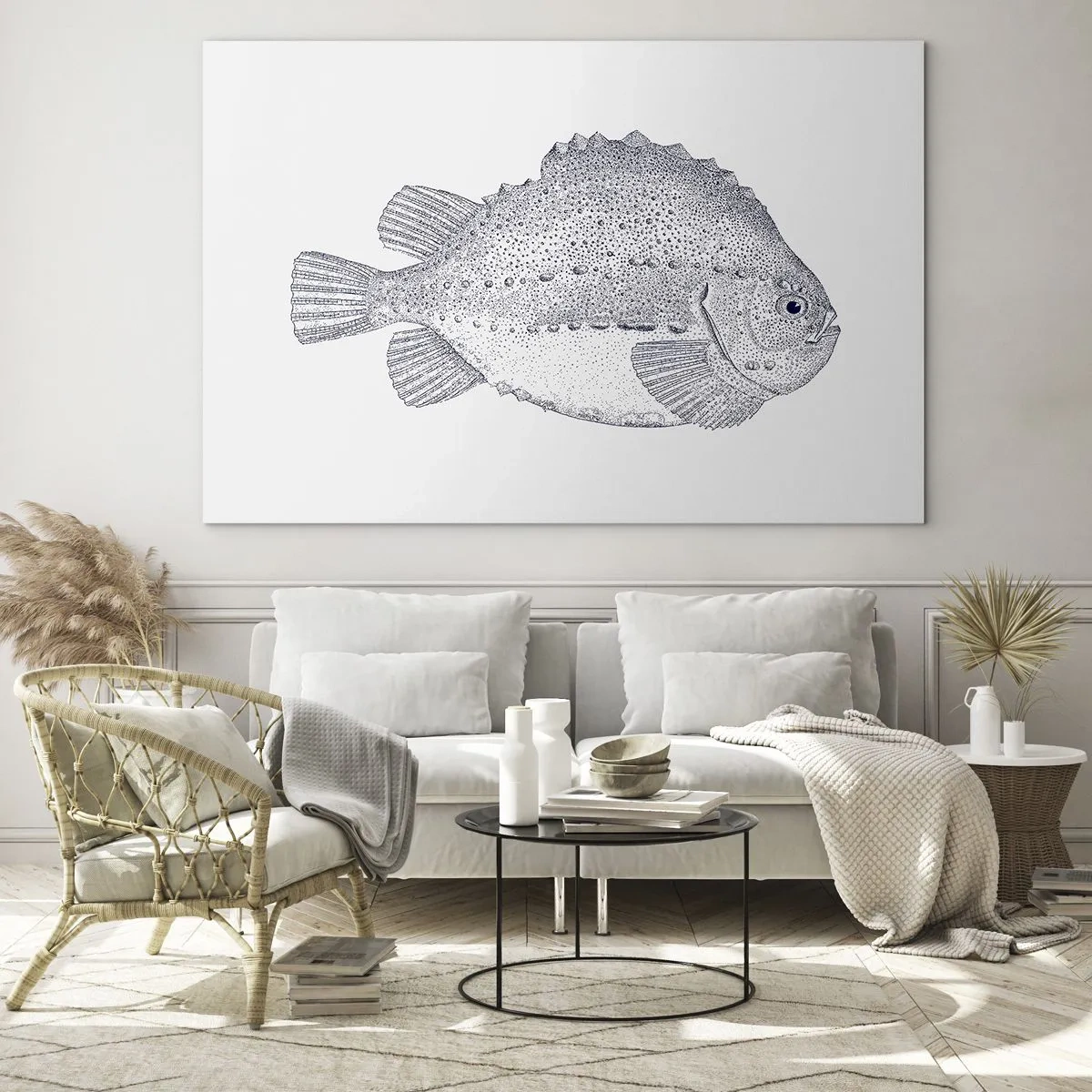 Obraz na skle - Detailní rytina ryby na bílém pozadí v přírodním stylu - 70x50cm - Do alba přírodovědce - Moderní nástěnná dekorace do obývacího pokoje a ložnice ARTTOR