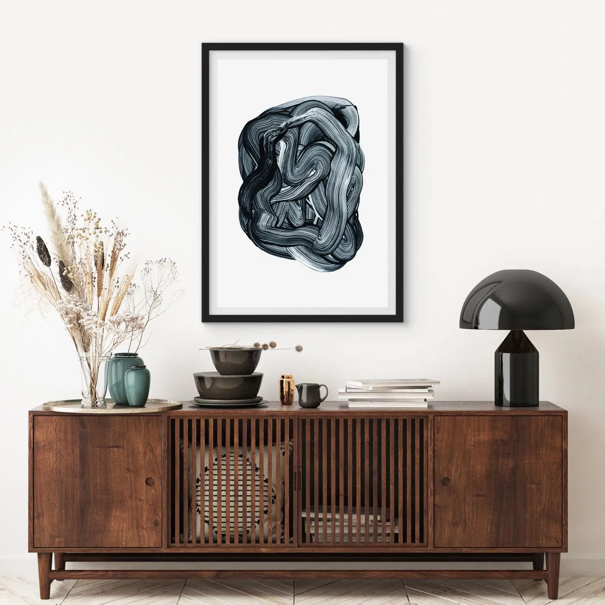 Plakát v černém rámu - Abstraktní kompozice černobílých tahů štětcem - 50x70cm - Není to tak jednoduché - Moderní nástěnná dekorace do obývacího pokoje a ložnice ARTTOR