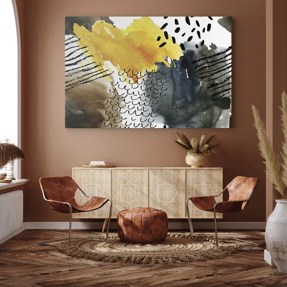 Obraz na plátně - Abstraktní kompozice se žlutými akcenty a grafickými vzory. - 70x50cm - Setkání živlů - Moderní nástěnná dekorace do obývacího pokoje a ložnice ARTTOR