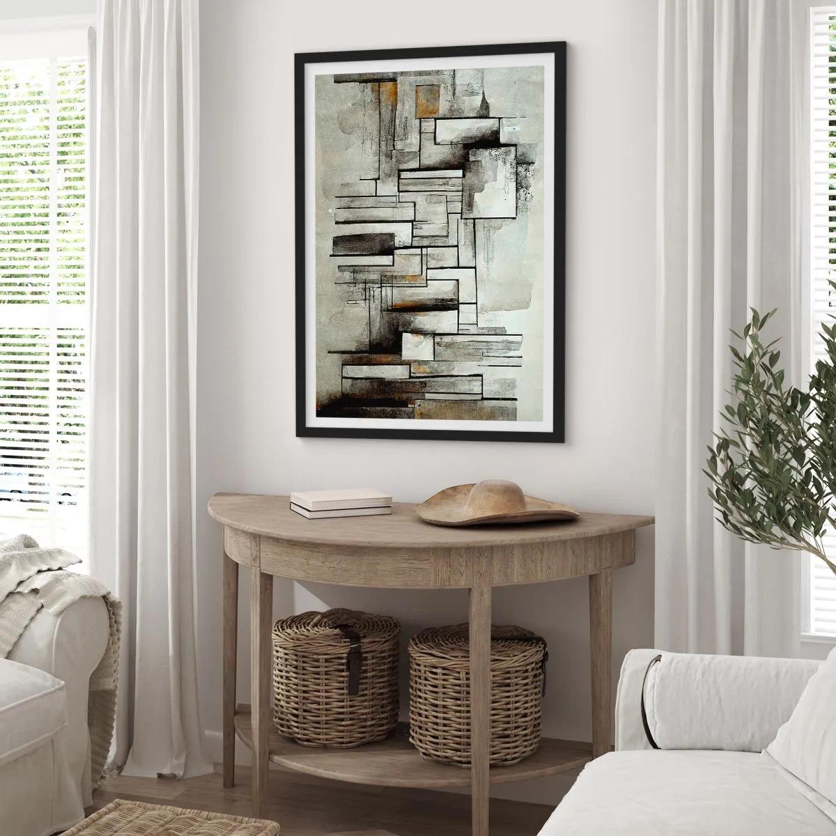 Plakát v černém rámu - Abstraktní geometrické kompozice v odstínech šedé a černé - 50x70cm - Síla jednoduchosti - Moderní nástěnná dekorace do obývacího pokoje a ložnice ARTTOR