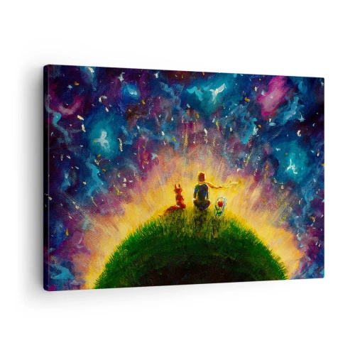 Obraz na plátně - Postavy na zeleném kopci obklopeném hvězdnou oblohou - 70x50cm - Láska a přátelství - celý svět - Moderní nástěnná dekorace do obývacího pokoje a ložnice ARTTOR