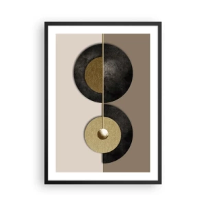 Plakát v černém rámu - Moderní abstrakce s geometrickými zlatými akcenty - 50x70cm - Variace kolem kruhu - Moderní nástěnná dekorace do obývacího pokoje a ložnice ARTTOR