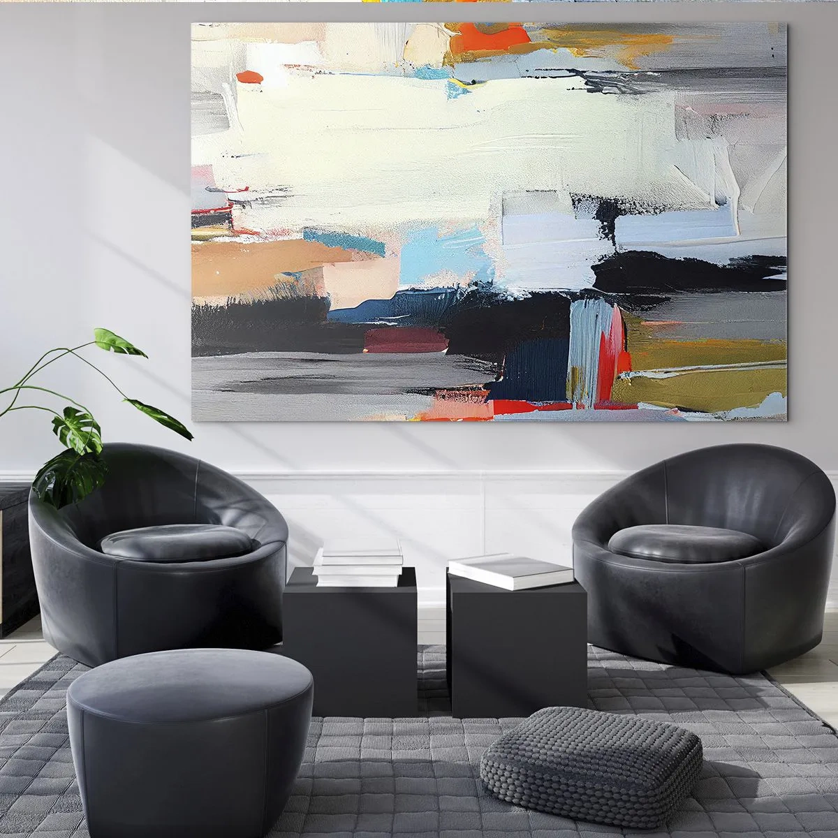 Obraz na skle - Abstraktní kompozice s barevnými skvrnami a tahy - 70x50cm - Nějaký způsob? - Moderní nástěnná dekorace do obývacího pokoje a ložnice ARTTOR