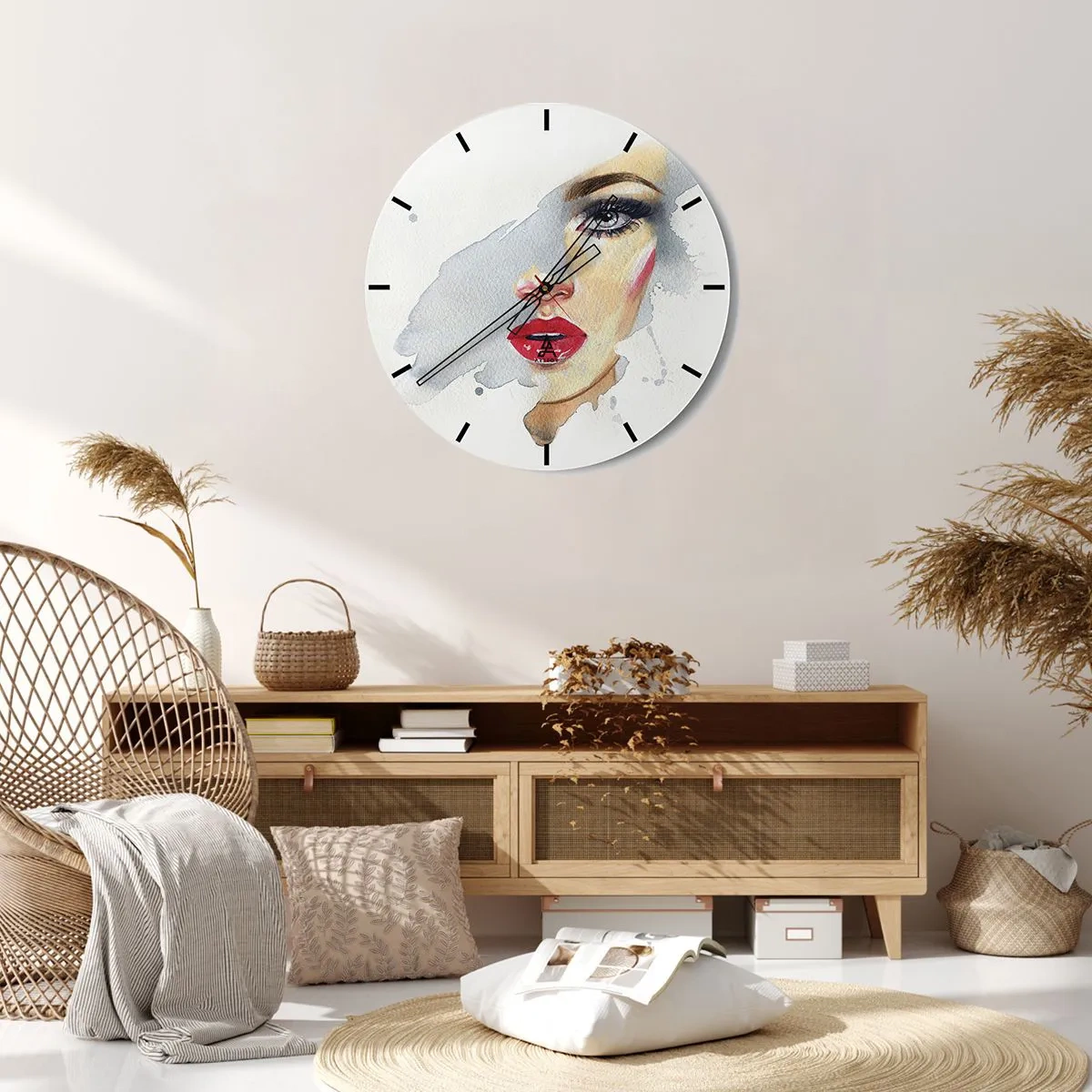 Nástěnné hodiny - Portrét ženy ve stylu akvarelu na bílém pozadí - 30x30cm - Odraz v kapce vody - Moderní nástěnná dekorace do obývacího pokoje, kuchyně a ložnice ARTTOR