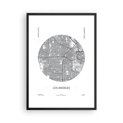 Plakát v černém rámu - Minimalistická mapa Los Angeles v černé a bílé barvě. - 50x70cm - Anatomie Los Angeles - Moderní nástěnná dekorace do obývacího pokoje a ložnice ARTTOR