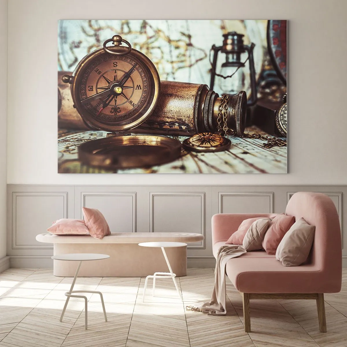 Obraz na skle - Starožitný kompas a mapa na pozadí pirátských dobrodružství - 70x50cm - Pirátské dobrodružství v Karibiku čeká - Moderní nástěnná dekorace do obývacího pokoje a ložnice ARTTOR