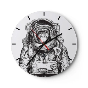 Nástěnné hodiny - Černobílá skica opičí astronautky. - 30x30cm - Alternativní vývoj - Moderní nástěnná dekorace do obývacího pokoje, kuchyně a ložnice ARTTOR
