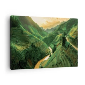 Obraz na plátně - Malebné rýžové terasy v zeleném údolí osvětleném zapadajícím sluncem - 70x50cm - Vietnamské údolí - Moderní nástěnná dekorace do obývacího pokoje a ložnice ARTTOR