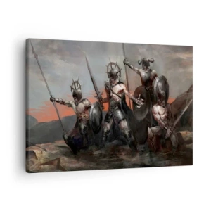 Obraz na plátně - Skupina válečníků v brnění s kopími na pozadí západu slunce - 70x50cm - Se štítem nebo na štítu - Moderní nástěnná dekorace do obývacího pokoje a ložnice ARTTOR