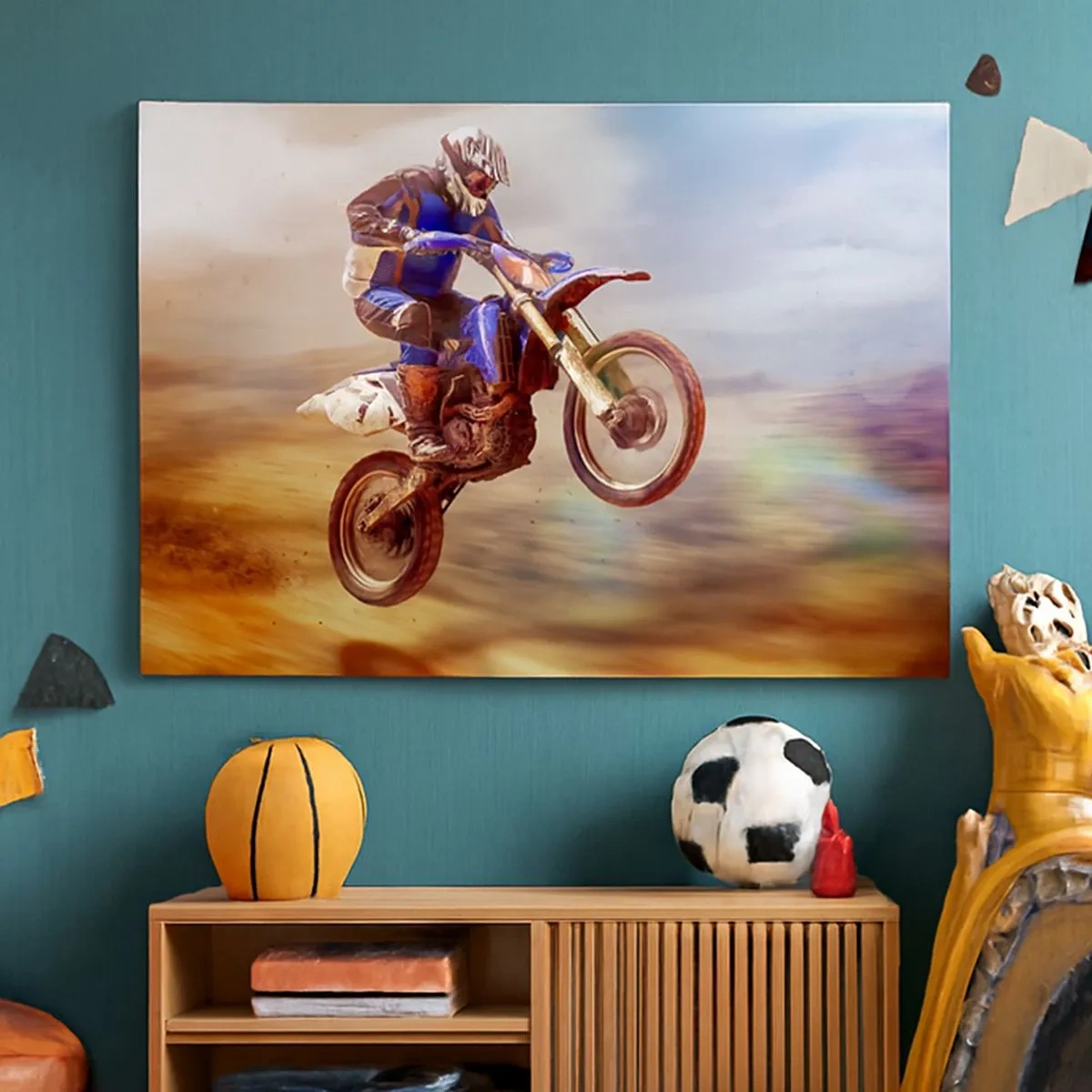 Obraz na plátně - Motocyklista za letu během dynamické jízdy v terénu - 70x50cm - Motocyklová závrať - Moderní nástěnná dekorace do obývacího pokoje a ložnice ARTTOR