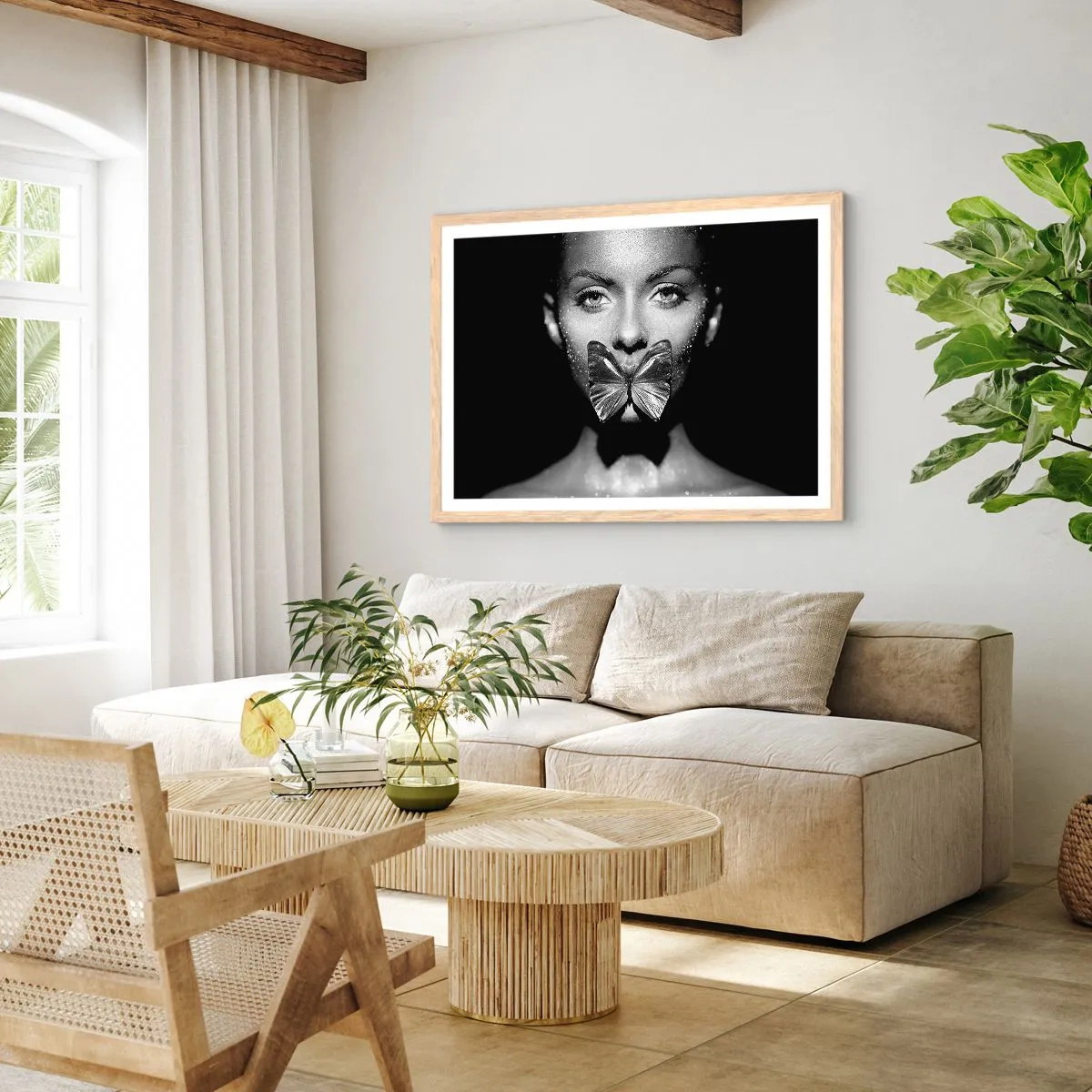 Plakát v rámu světlý dub - Motýlí polibek - 100x70 cm