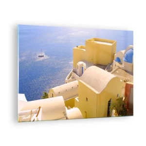Obraz na skle - Pohled na Santorini s modrým mořem a bílými budovami - 70x50cm - Řecká krajina v bílé a blankytné - Moderní nástěnná dekorace do obývacího pokoje a ložnice ARTTOR