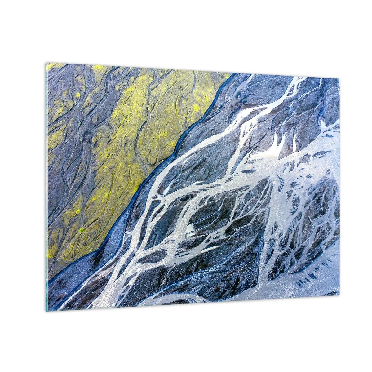 Obraz na skle - Pohled z ptačí perspektivy na zemský povrch s klikatými potoky - 70x50cm - Jeskynní malby přírody - Moderní nástěnná dekorace do obývacího pokoje a ložnice ARTTOR