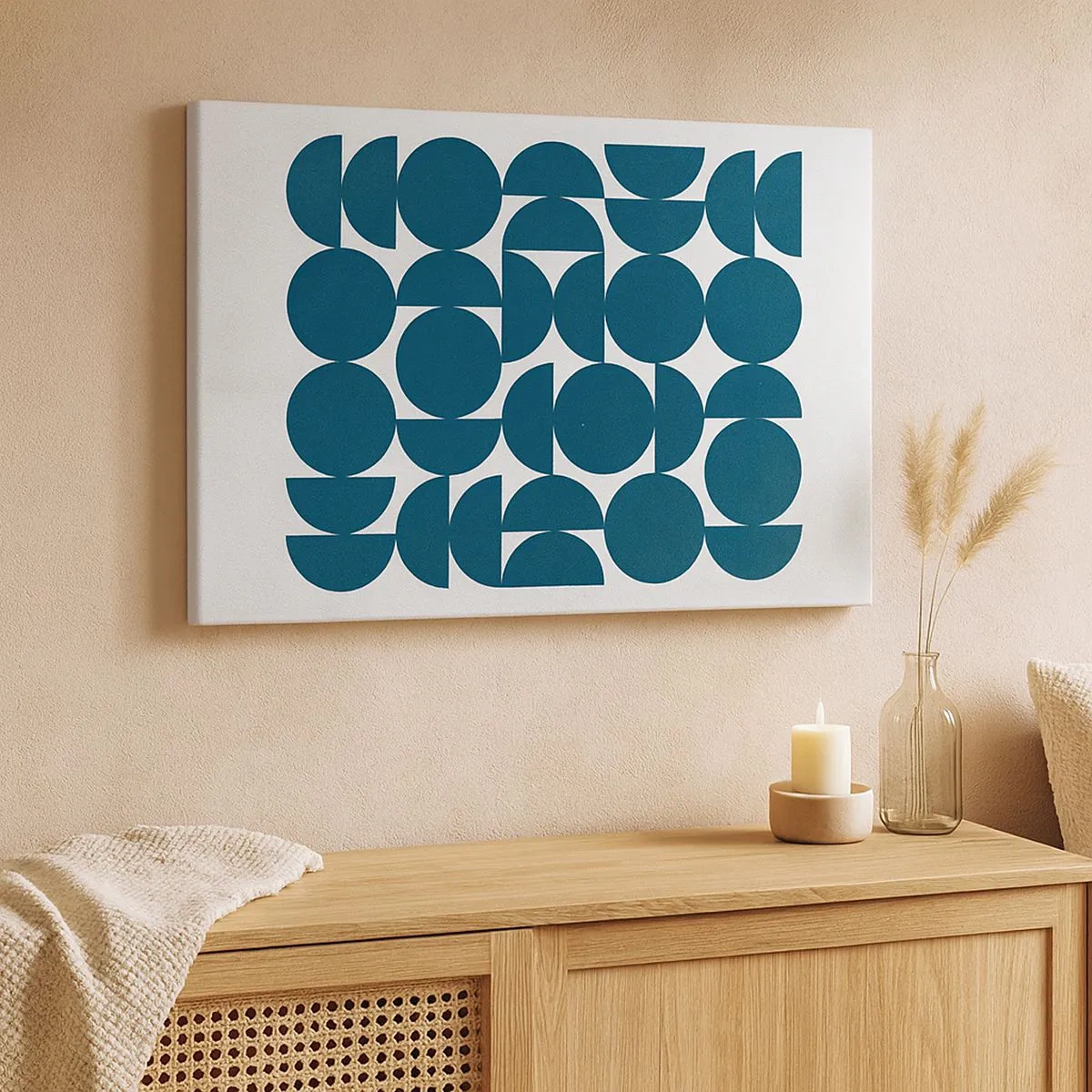 Obraz na plátně - Geometrické tvary v odstínech tmavě modré na bílém pozadí - 70x50cm - Kruhy a půlkruhy - Moderní nástěnná dekorace do obývacího pokoje a ložnice ARTTOR