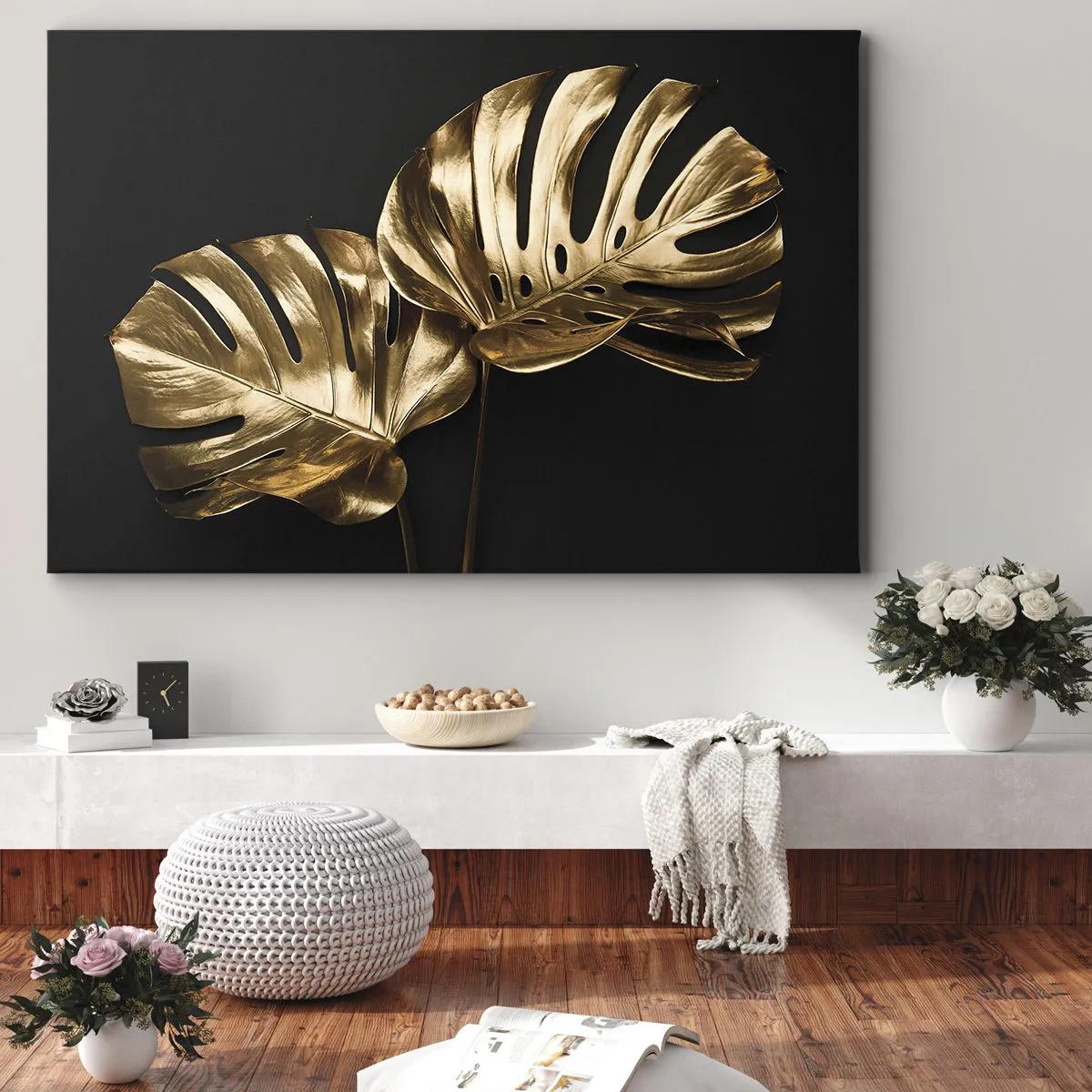 Obraz na plátně - Zlaté listy monstery na černém pozadí - 70x50cm - Poklady přírody - Moderní nástěnná dekorace do obývacího pokoje a ložnice ARTTOR