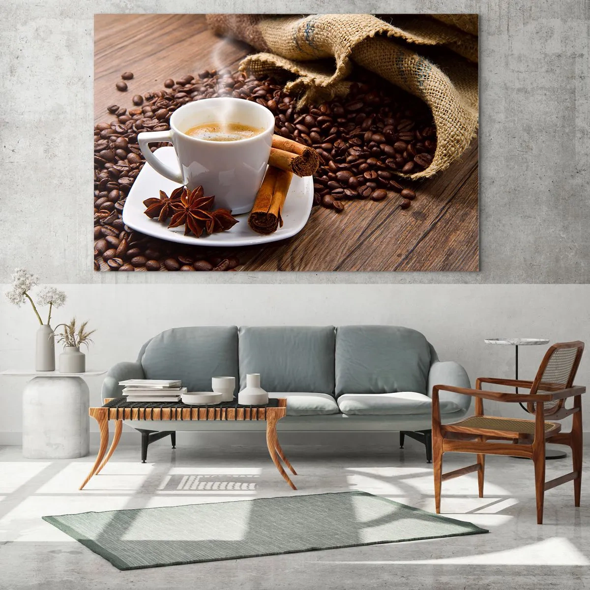 Obraz na skle - Šálek kávy se skořicí a kávovými zrny na dřevěném stole - 70x50cm - Pikantní chuť a aroma - Moderní nástěnná dekorace do obývacího pokoje a ložnice ARTTOR