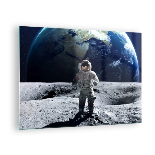 Obraz na skle - Astronaut na povrchu Měsíce se Zemí v pozadí - 70x50cm - Pozdravy s Měsíce - Moderní nástěnná dekorace do obývacího pokoje a ložnice ARTTOR